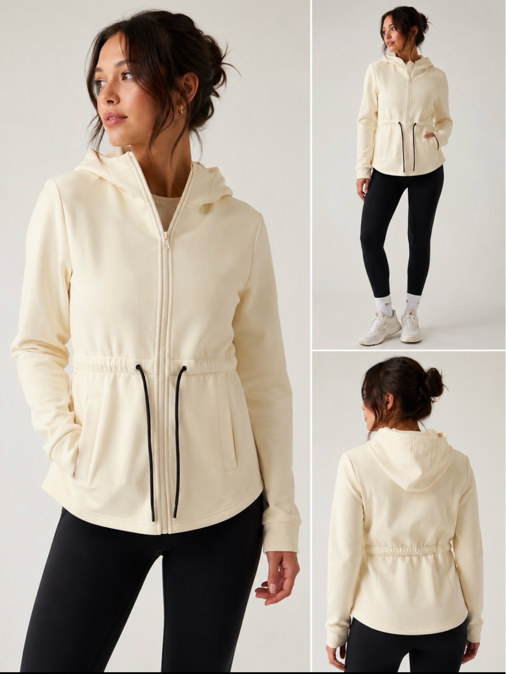 Varley Colby Hooded Zip-Up Jacket Drawstring Waist Ivory Cream Small